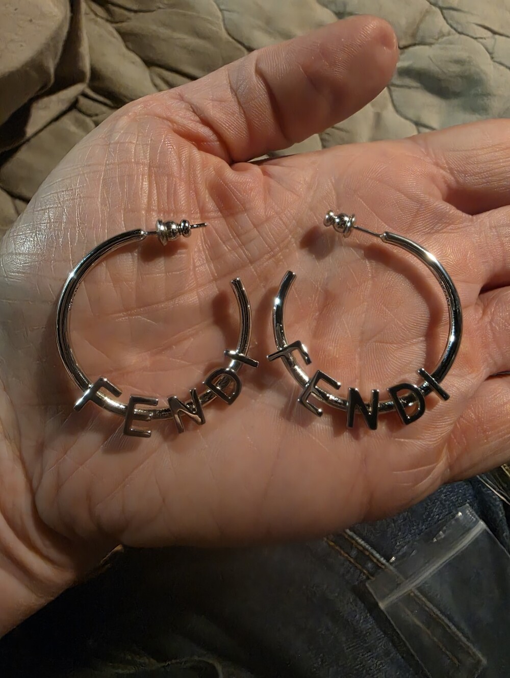 USED....Fendi Silver-Tone  SMALL Hoop Earrings with Letter Logo